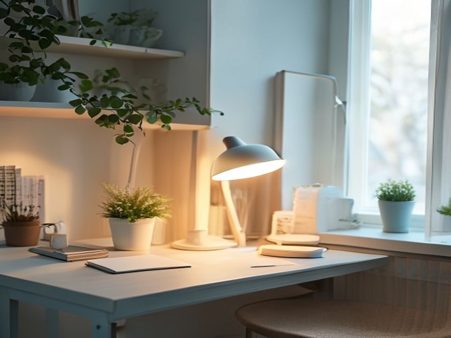 Minimalistisk arbejdsbord med naturligt morgenlys gennem vindue
